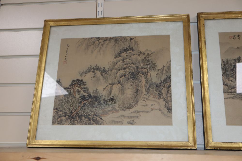 Chinese School, three watercolours on silk, Landscapes, signed, 30 x 36cm